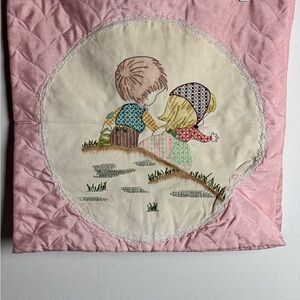 vintage 2 hand sewn pink embroidered square pillow covers Children mushrooms